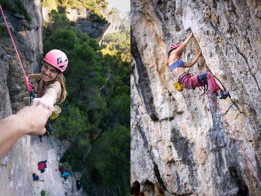 LEFT: Penny being lowered off a victorious climb in Siruana, Spain. RIGHT: Penny battling on the rocks near Cadiz, Spain.