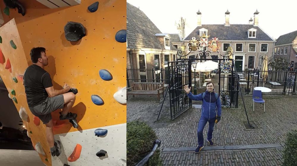 Hobby and travel. LEFT: We have no mountains in the Netherlands, but we can still climb. / RIGHT: I like travel – it helps me to get new ideas and relax.