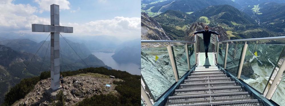 LEFT: Hiking to the Traunstein peak with the lake in the background. / RIGHT: Stairway to nowhere on the Dachstein.
