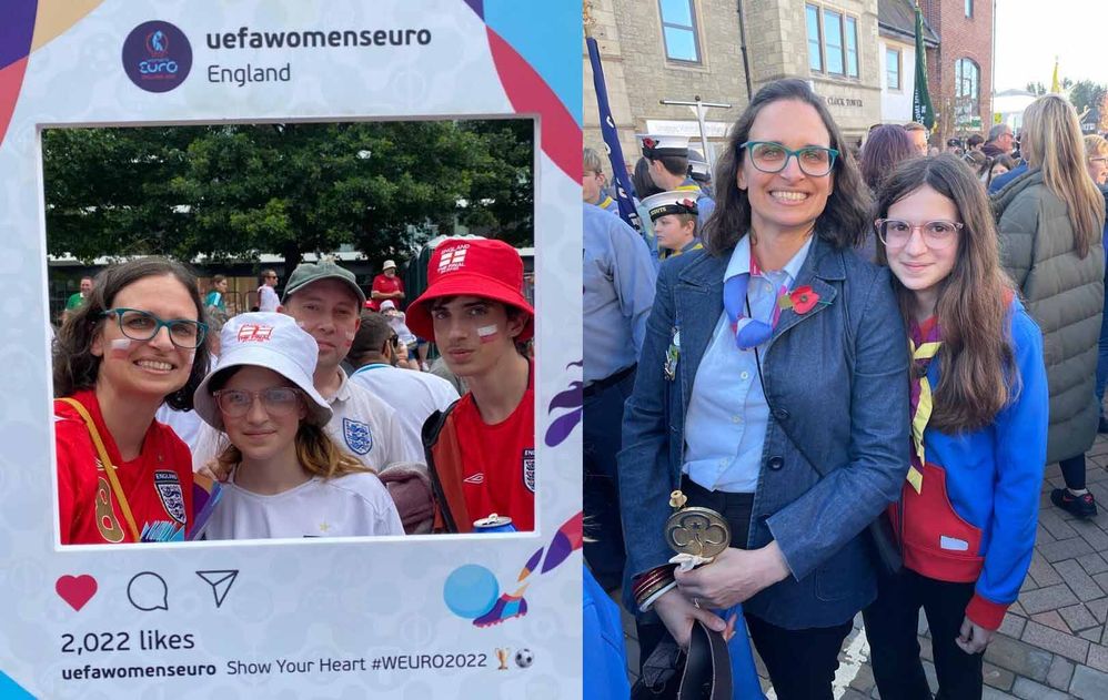 LEFT: Watching England win at the UEFA Women’s EURO final with family. / RIGHT: Marking Remembrance Day by parading with Guides.