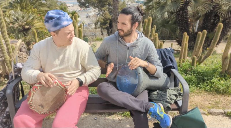 Teaching “doumbek” percussion to my fellow CSM colleague, Joao.