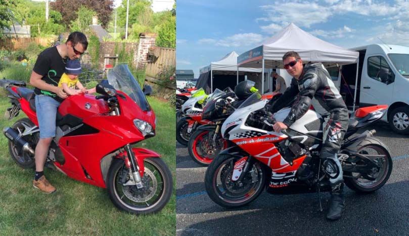 LEFT: Photo of my first son discovering the motorbike. / RIGHT: Photo of the motorcycle discovery on the track.