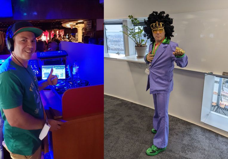 LEFT: Doing one of my passions, DJing at a nightclub. / RIGHT: Bringing some carnival and fun to the workplace.