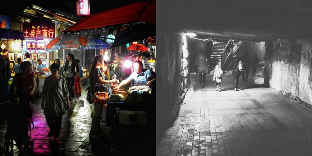 Street market in Xi’an, China (on the left) and pedestrian tunnel in Wejherowo, Poland (on the right)