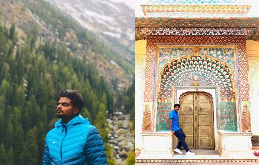 LEFT: Hiking at Kutla Glacier Point. Candid picture after 40km climb steep rocky & snow slopes to reach the point. / RIGHT: Last minute unplanned trip with a friend to Jaipur, Rajasthan, “The City Palace”. Jaipur is also known as Pink City.