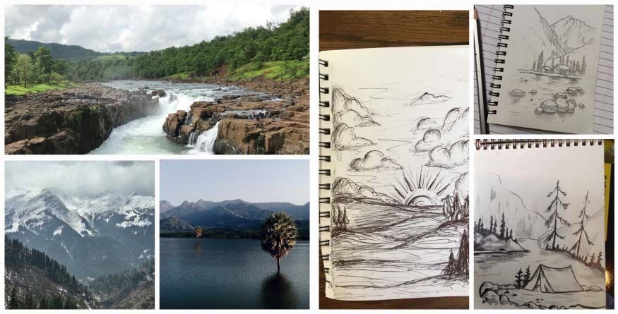 LEFT: Favorite photos from my collection. Waterfall Mahad, Raigad, Camping at snow mountain Tosh, Himachal Pradesh & River side camping at Vandaloor. / RIGHT:  Amature scenic sketchwork from the past.