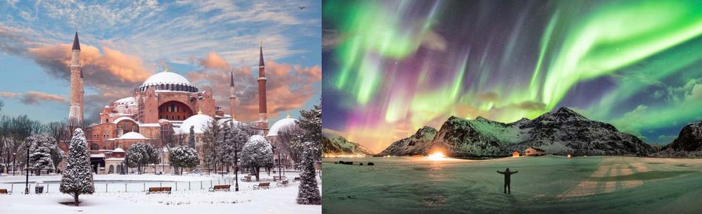LEFT: Hagia Sophia Grand Mosque, Istanbul. /  RIGHT:  Northern lights.