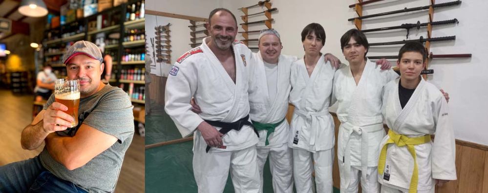 LEFT: Enjoying a beer in Oporto. / RIGHT: In the Dojo, with the old green belt.
