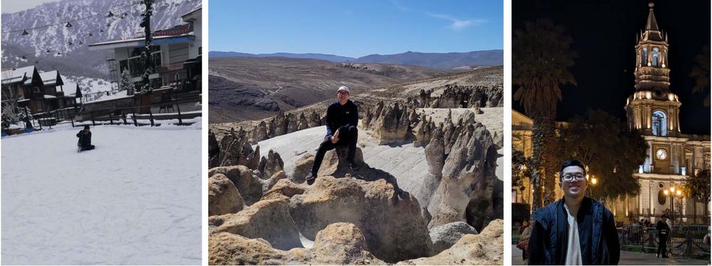 Some pictures of me falling while ice skating in Colorado (USA); visiting the Patahuasi Stone Forest near the Colca Canyon and the Basilica Cathedral in Arequipa.