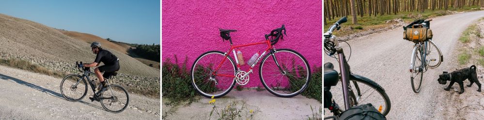 Tuscany and gravel. What not to love? / My self-built steel-frame road bike on Campagnolo groupset. / My self-built commuter is a great dog transporter.