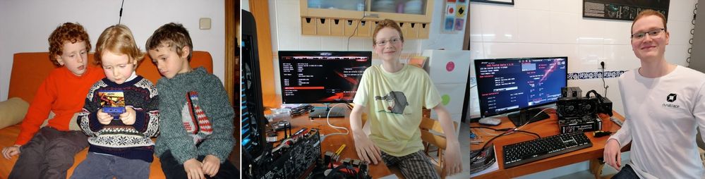 On the left: 3 year old Tomás showing the other kids how it's done. On the right: Building computers (2014 vs. 2024).