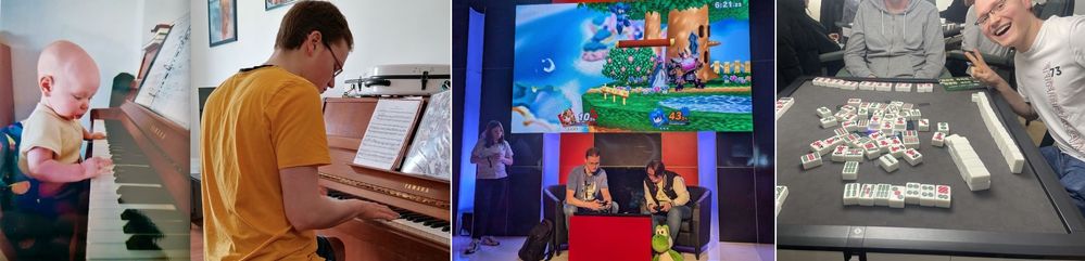 On the left: free jazz progidy (2002) and struggling jazz student (2022). In the middle: High octane gaming at Dreamhack Stockholm 2024. On the right: Playing Sichuan mahjong with Chinese friends.