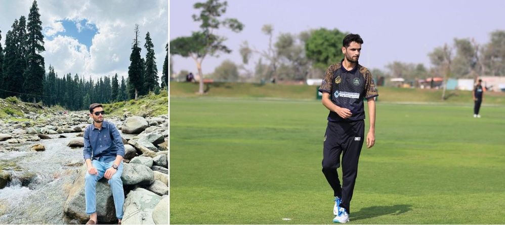 On the left: hiking in the mountains. On the right: playing cricket.