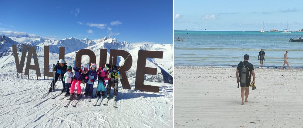 On the left: skiing with family in the French alps. On the right: in the Seychelles, on my way to my first dive.