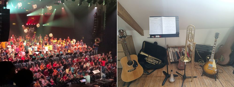 On the left: the XXL orchestra (over 200 musicians on stage) conducted by Arnaud Dolmen. On the right: some of my musical instruments (missing the drum set which is in a bunker for cautious and the piano).