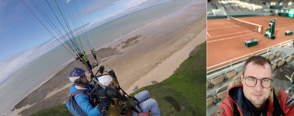 On the left: First flight and paragliding lesson over our magnificent coastline, not far from Mont Saint-Michel. On the right: private tour of the Roland Garros stadium at the Dynatrace France user club.