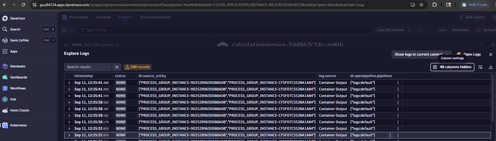Logs in context of a k8s cluster monitored on a Dynatrace Demo environment.