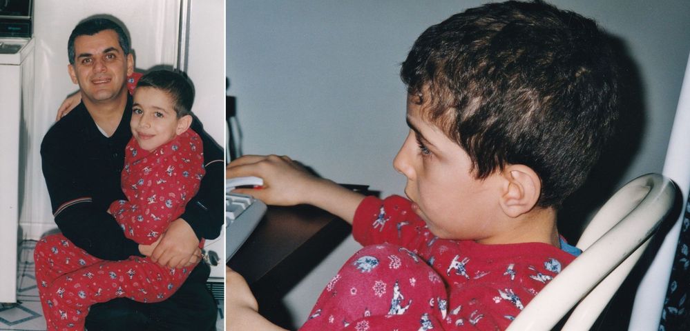 On the left: me and my dad with the pajama he has just bought me. On the right: when I was at home, I couldn’t let go the computer.