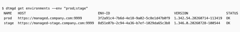 dtmgd get environments --env "prod;stage"