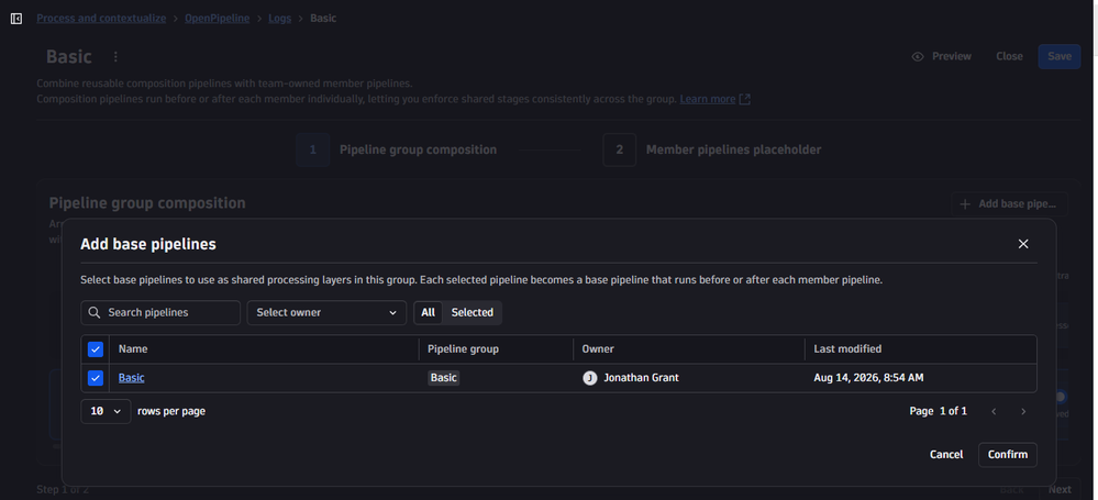 A custom user-defined base pipeline added to pipeline groups composition