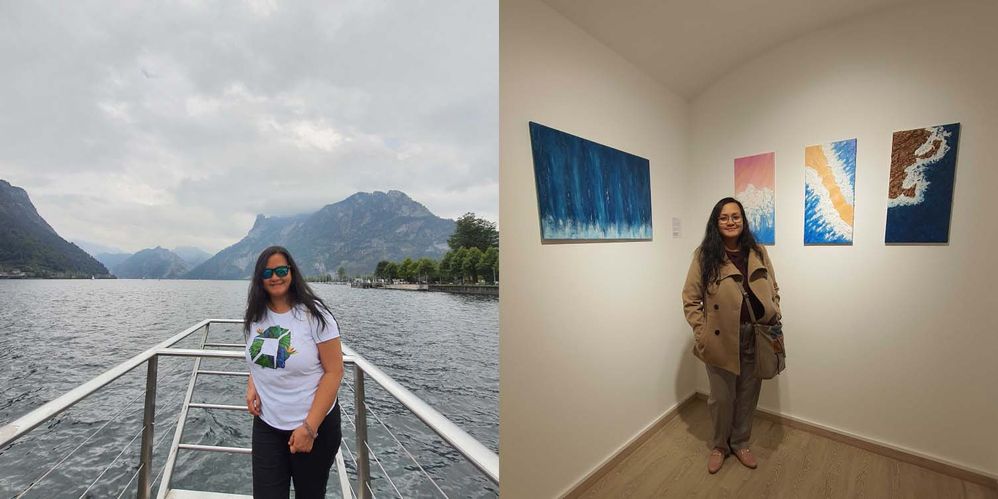 LEFT: This is my first Dynatrace wellness day and I went to Traunsee.  / RIGHT: This is my first art exhibit. It was displayed at the ArtNumber23 gallery in Salzburg.
