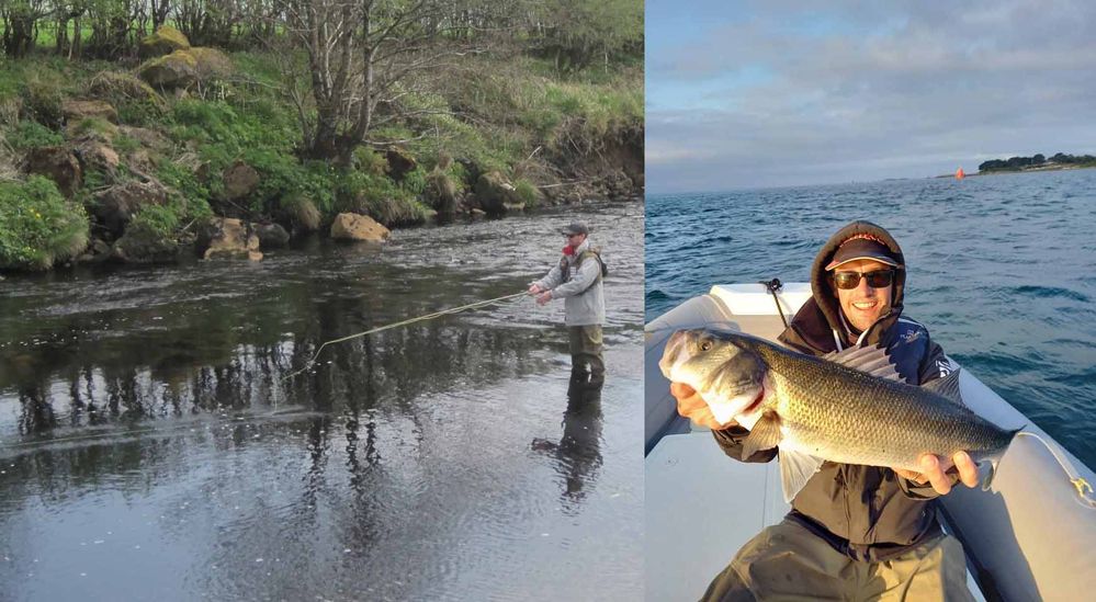 LEFT: Trout Fly fishing (Ireland); RIGHT: One of my favorite spots to catch French sea bass in the gulf of Morbihan (France).